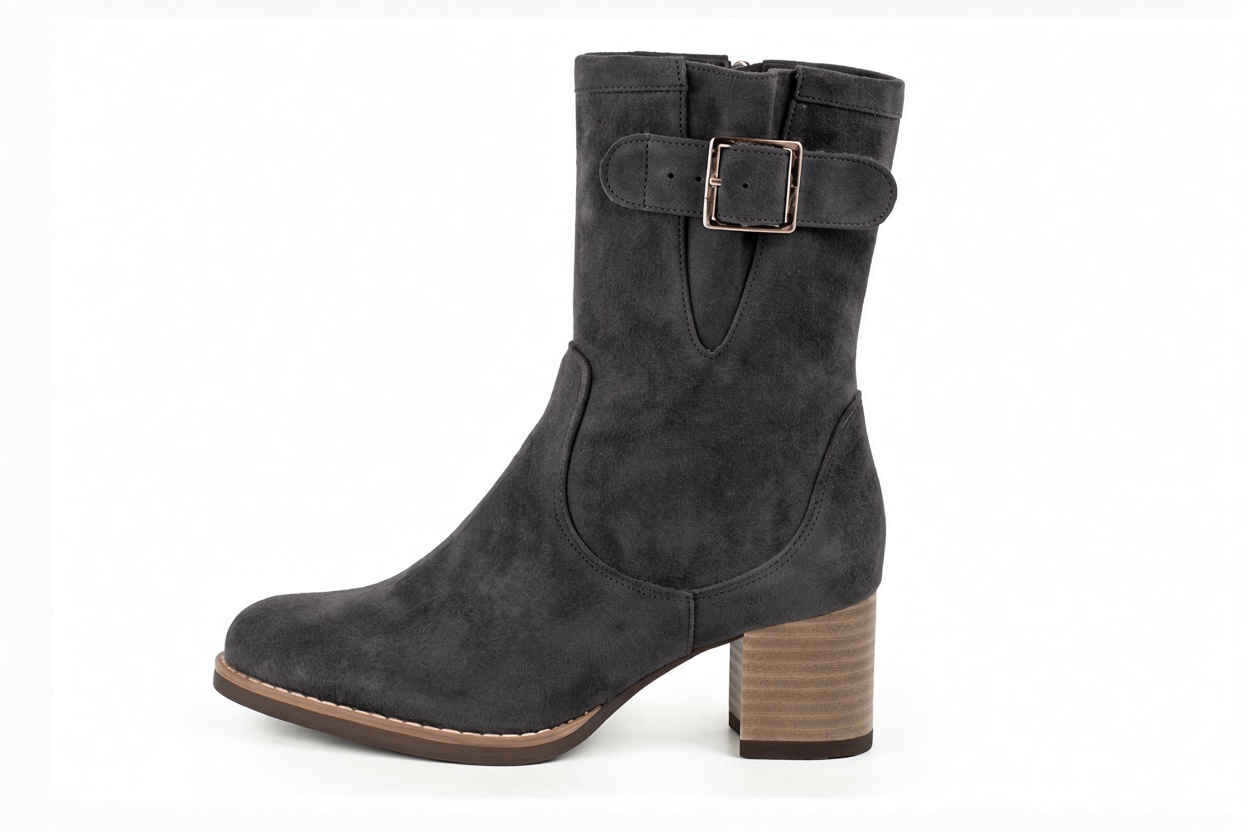 Classic leather ankle boots featuring adjustable side buckles and sleek hardware for secure support and timeless everyday style, in charcoal gray leather with round toe and mid block heel - Florence KOOIJMAN